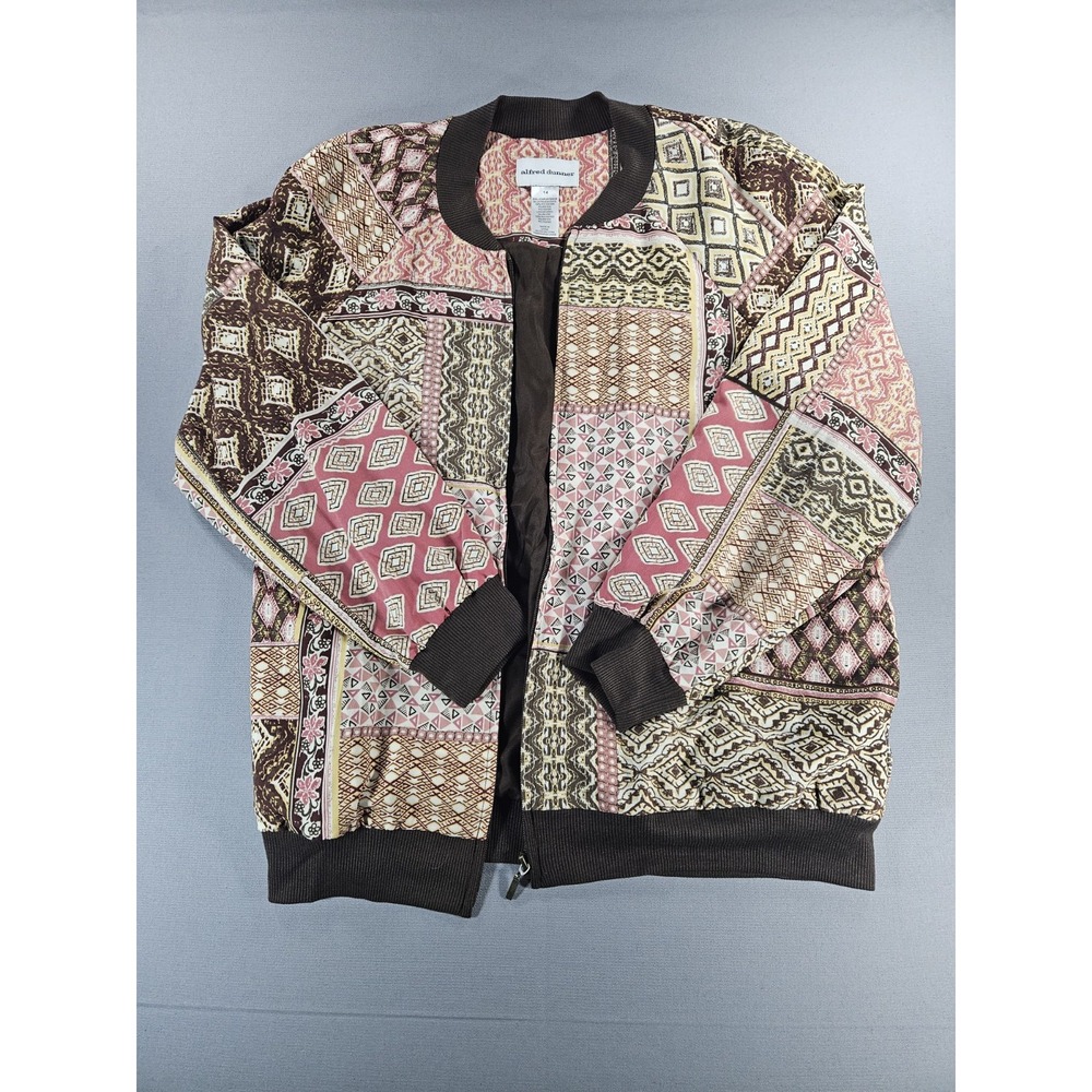 Alfred Dunner Bomber Jacket Patchwork Paisley Floral Zip Up Brown Womens 14